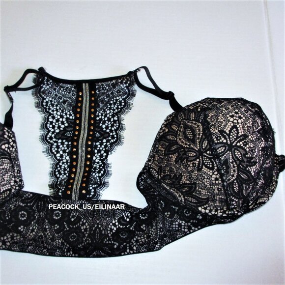 36DD VICTORIAS SECRET Very Sexy Push Up Bra Studded Racerback Front close Black - Picture 6 of 7